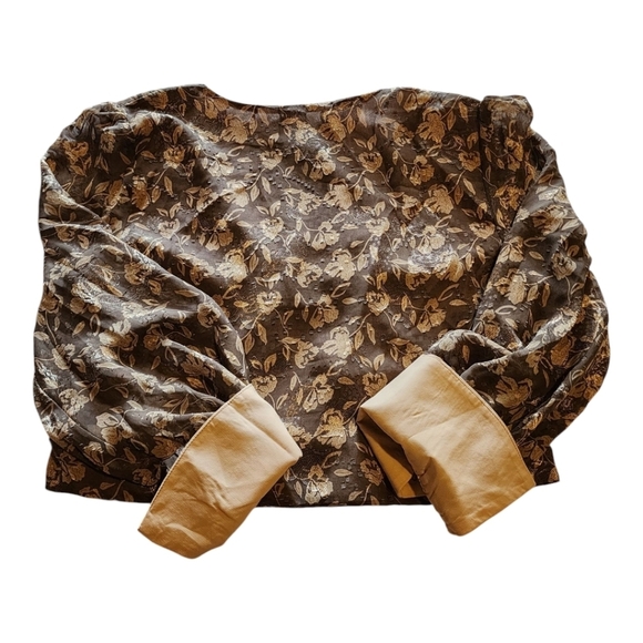 Anthropologie En Saison Wrap Blouse Brown Floral Jacquard Puff Sleeve Tie L NWT - Picture 8 of 16